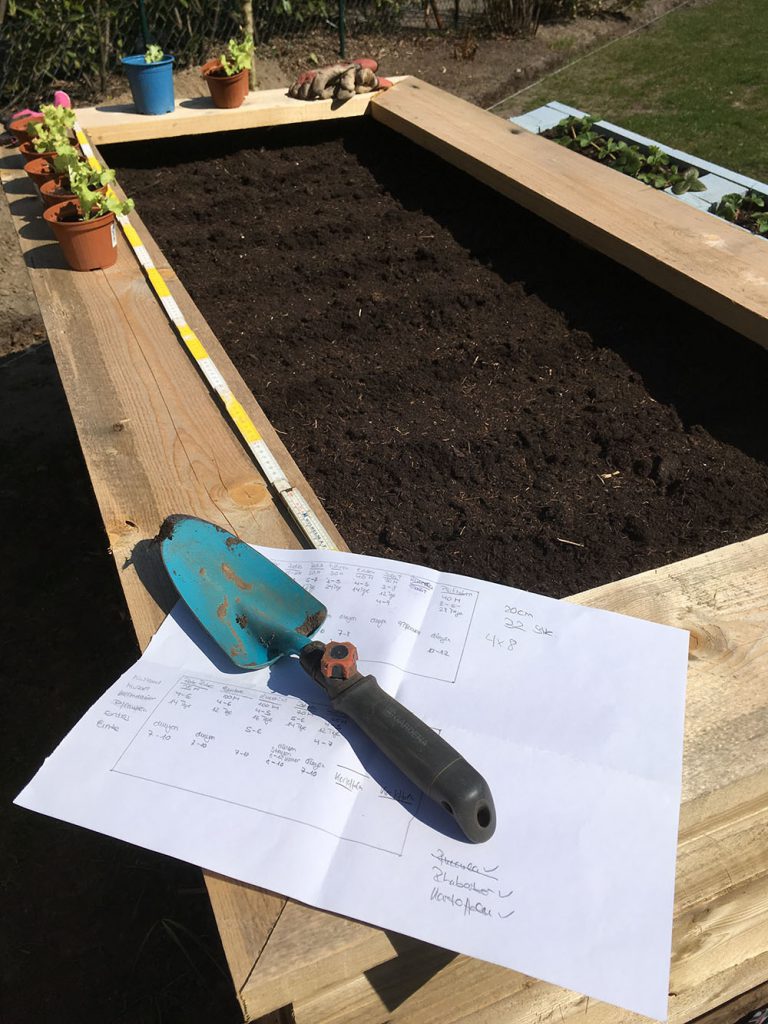 Ein Gartentisch mit frisch umgegrabener Erde steht im Freien. Am Rand des Tisches stehen kleine Topfpflanzen, daneben liegt eine blaue Gartenschaufel mit Erde und zwei Zettel mit Gartenplänen und Notizen deuten auf die Zucchini-Bepflanzung hin. Sonnenlicht erhellt diese Szene aus dem Urban Gardening Hamburg.